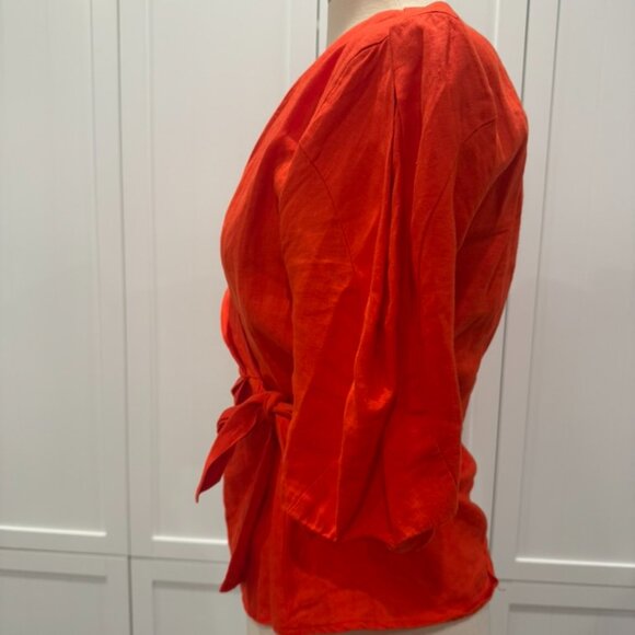 Zara Red Linen Wrap Top V Neck Short Sleeve Blouse (S) - Picture 3 of 4